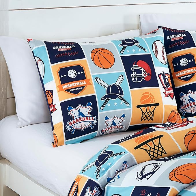 Chezmoi Collection 4-Piece Kids My Sports Bedding Comforter Set Full/Queen Size - Soft Microfiber Navy Blue Gray Orange White Printed Basketball Baseball Football Soccer Sports for Kids/Teens