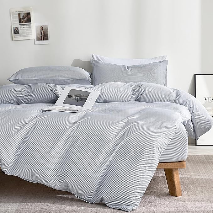 JELLYMONI 100% Natural Cotton 3pcs Striped Duvet Cover Sets,Blue Duvet Cover with Thin White Stripes Pattern Printed Comforter Cover,with Zipper Closure & Corner Ties(Twin Size)