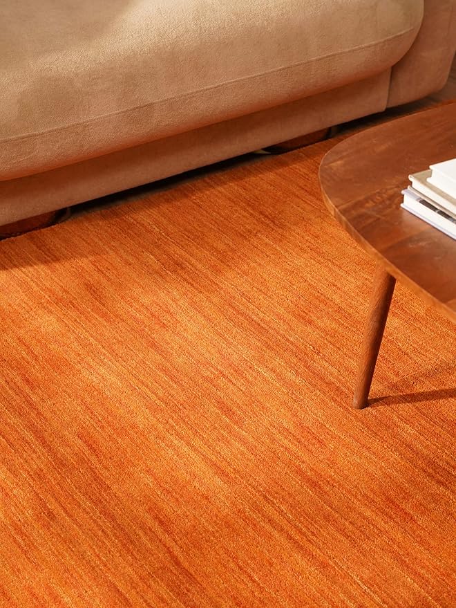 Rugsotic Carpets Hand Knotted Loom Wool ECO-Friendly Area Rugs - 5'x8', Rectangle, Orange Color, Solid Plain Design, High Pile Handmade Anti Skid Area Rugs for Living Room, Bed Room (L00111)