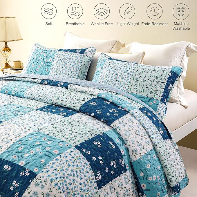 Whale Flotilla Patchwork Quilts Queen Size, Extra Soft Boho Floral Bedspreads for Bed Reversible Lightweight Full Queen Quilt Bedding Set Printed Coverlets with 2 Pillow Shams for All Seasons, Blue