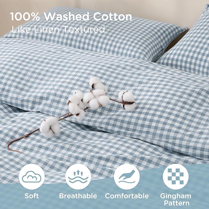 TOCOMOA Blue Gingham Duvet Cover Bedding Set 100% Washed Cotton Like Linen Feel Super Soft Comfortable 3 Piece Plaid Checkered Comforter Cover Set (California King 104"x98", Comforter Not Included)