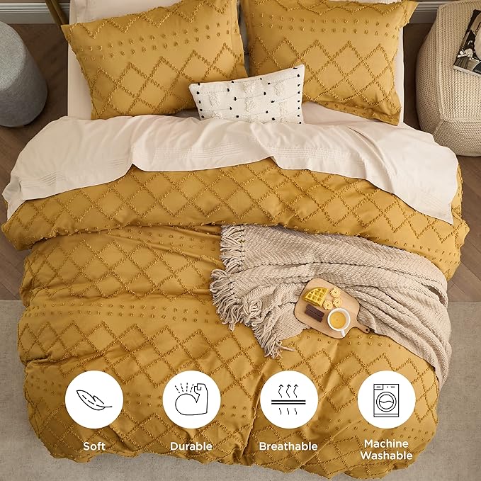 Bedsure Boho Duvet Cover King Size,Mustard Yellow Breathable & Soft Boho Bedding, Machine Washable Comforter Cover for All Seasons, Includes 1 Duvet Cover 104"x90" with 2 Pillow Shams & Zipper Closure