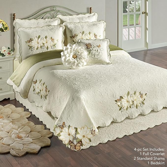 Sweetbay Garden Luxury Matelasse Bedding | Magnolia Flower, Butterfly, & Leaf Velvet Appliques | 4-Pc Ivory Textured Scroll Lightweight Bed Set: Oversized Full Coverlet, Bedskirt, & 2 Standard Shams
