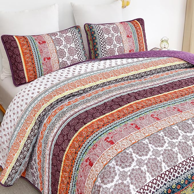 WONGS BEDDING Boho Quilt Set King Size, Purple 3 Pieces Bohemian Striped Patchwork Bedspread Coverlet, Lightweight Soft Microfiber Bedding Set for All Season (104"x90")