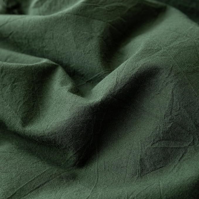 JIYUAN 100% Washed Cotton Duvet Cover Set Queen Size 3 Pieces, Linen Feel Soft Breathable Bedding Set with Zipper Closure, 90x90 Duvet Cover (Comforter Not Included) & 2 Pillowcases,Forest Green