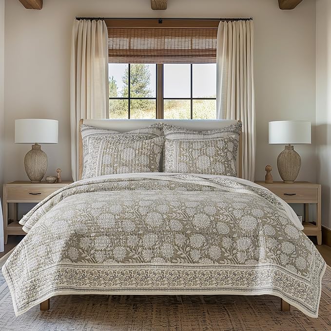 Levtex Home Adare Taupe Reversible King/Cal King Quilt Set (106x92in) and 2 Pillow Shams (36x20in) - Floral Bedding - Taupe White - Cotton King Size Quilt Bedding Set - Lightweight, Soft, Pre-Washed