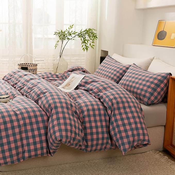 ECOCOTT Duvet Cover Queen Size, 100% Washed Cotton Linen-Like Soft & Breathable, Durable Comfy Bedding Set for All Seasons, Purple Pink Plaid