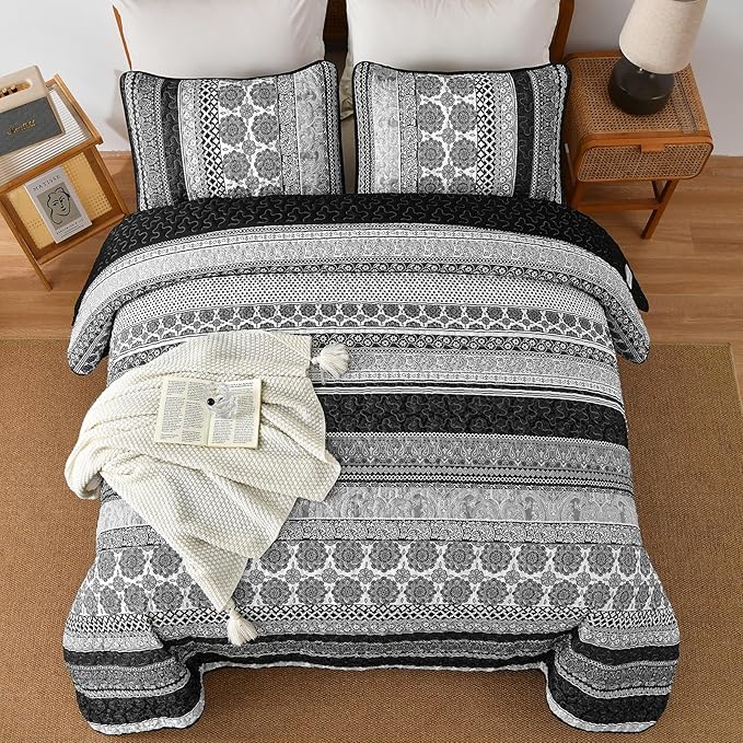 WONGS BEDDING Boho Quilt Set King Size, Grey Bohemian 3 Pieces Quilt Sets, Lightweight Bedspread Coverlet Bedding Set for All Season (104"x90")