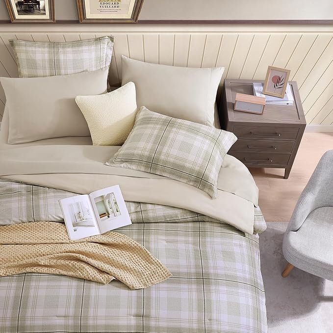 Twin XL Comforter Set, Khaki Green Plaid Bedding Set 5 Piece for Boys Girls Teen, Classic Homestead-Style Kids Comforter Set Bed in A Bag with Sheets, Pillowcase & Sham
