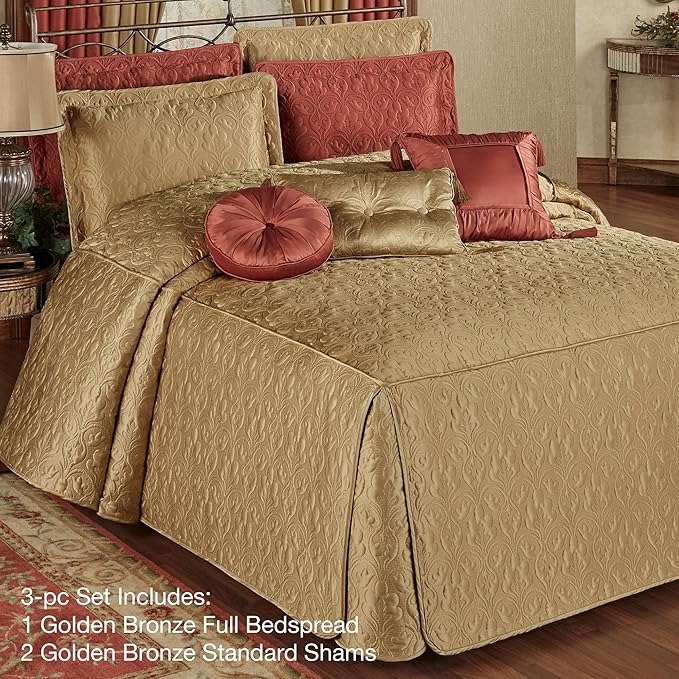 Cambridge Classic Luxury Bedding | Golden Bronze Solid Color Polyester Satin | Elaborate Damask Quilting | Generous 21 Inch Drop | 3 Piece Bed Set Includes Oversized Full Bedspread & 2 Standard Shams