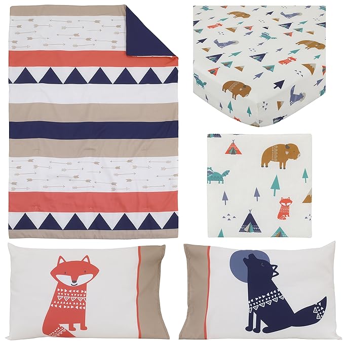 Carter's Aztec 4 Piece Toddler Bedding Set, Navy, Cream, Orange, Beige