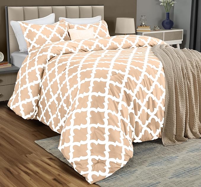 Utopia Bedding Queen Comforter Set 3 Piece Beige, Printed Comforters Queen Size, Bedding Comforters Sets, Down Alternative Soft Bed Set, 1 Comforter (88 x 88 inches) 2 Pillow Shams (20 x 26 inches)