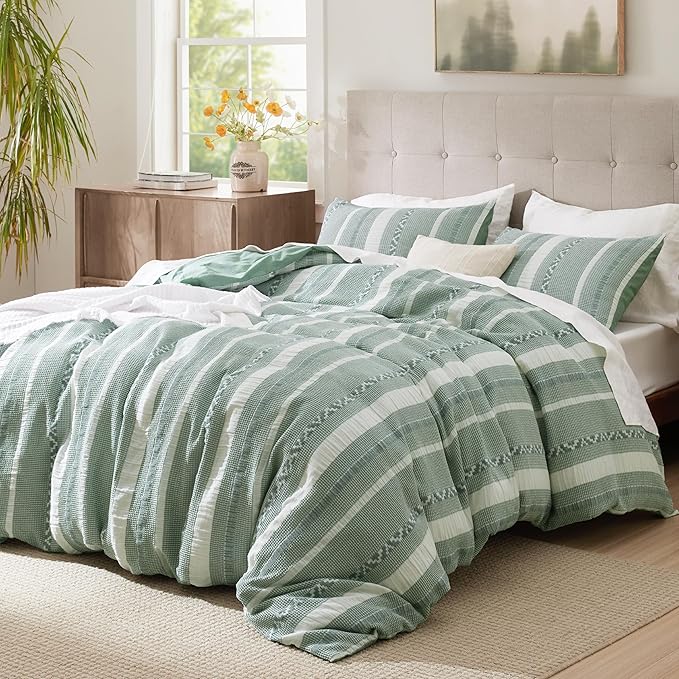 Bedsure Waffle Weave Duvet Cover King - 100% Cotton Boho Duvet Cover with 2 Pillowcases - Green Textured Comforter Cover with Zipper Closure (King, 104"x90")