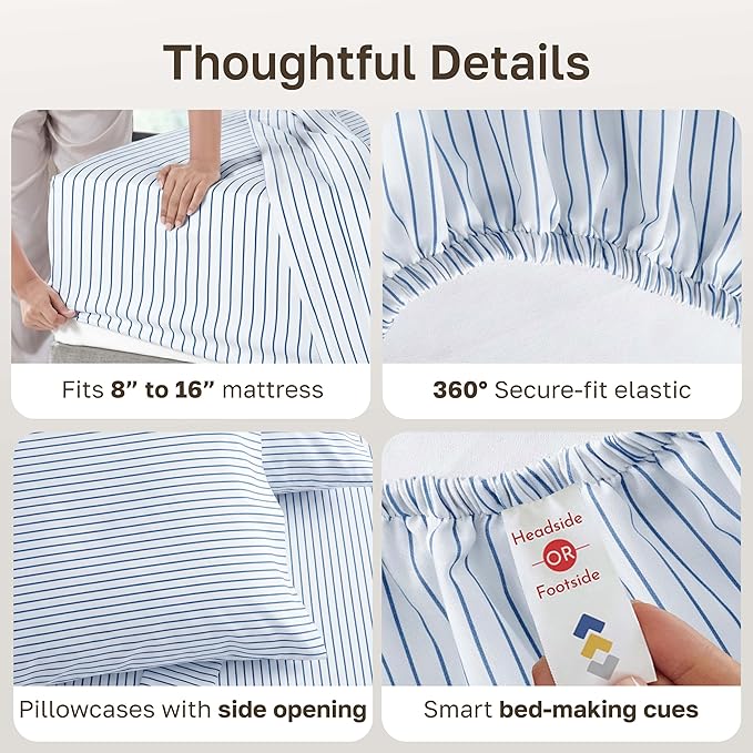 California Design Den Printed Striped Sheets Queen Size Bed Set - 600 Thread Count, 100% Cotton Sateen, Premium Deep Pocket Queen Bed Sheets - Classic Blue Stripe Print