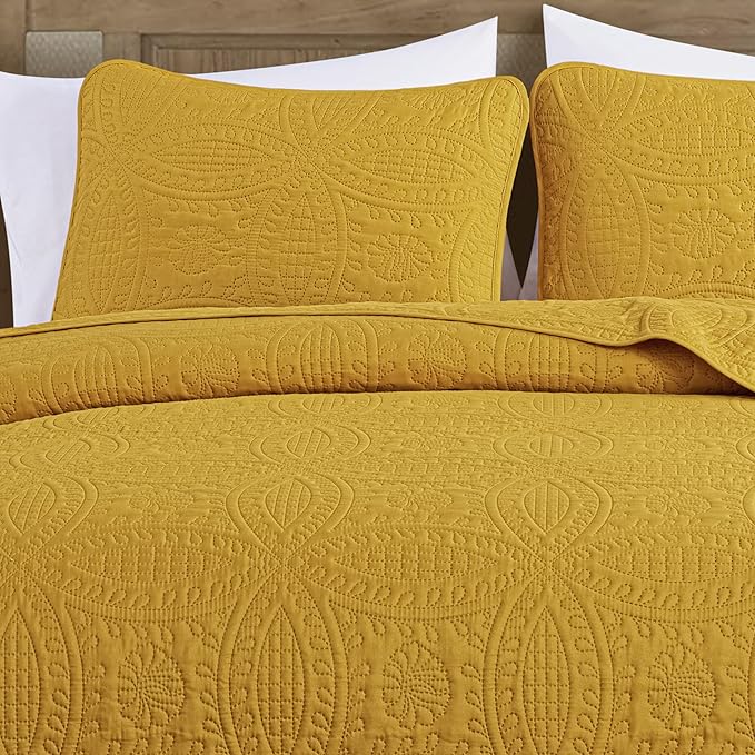 Chezmoi Collection Austin King Bedspread Set 3-Piece Pinsonic Quilted Oversized Bedspread Coverlet Set, King, Mustard
