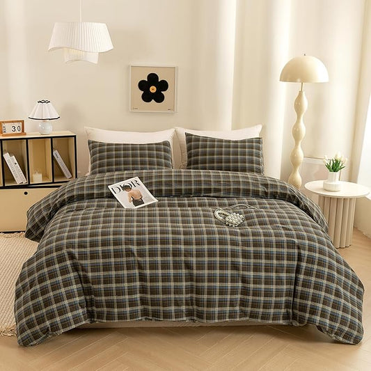 ECOCOTT Buffalo Plaid Duvet Cover King Size – 3 Piece Washed Cotton Brown & Blue Bedding Set, Soft & Breathable, Reversible Checkered Design with Zipper Closure & Corner Ties