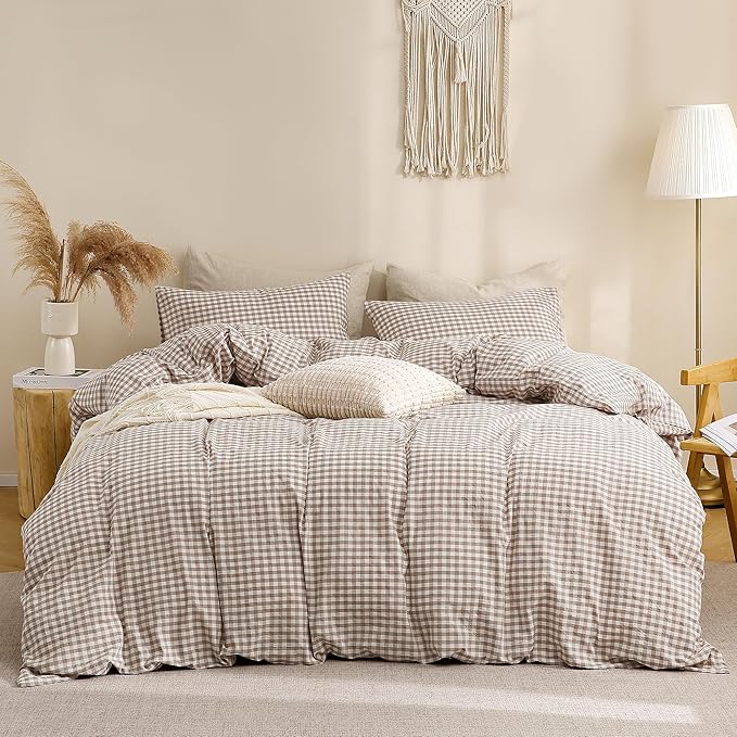 TOCOMOA Tan Gingham Duvet Cover Bedding Set 100% Washed Cotton Like Linen Feel Super Soft Comfy 3 Piece Brown Vintage Plaid Checkered Fall Comforter Cover Set (Queen 90"x90", Comforter Not Included)