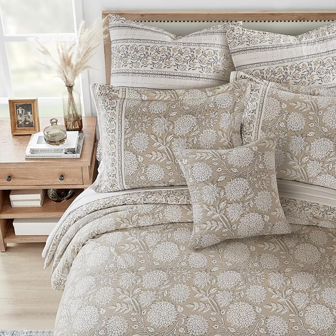 Levtex Home Adare Taupe Reversible King Duvet Cover Set (106x94in) with 2 Pillowcases (36x20in) - Floral Bedding - Taupe and White - Cotton King Size Duvet Cover Set - Soft, Pre-Washed