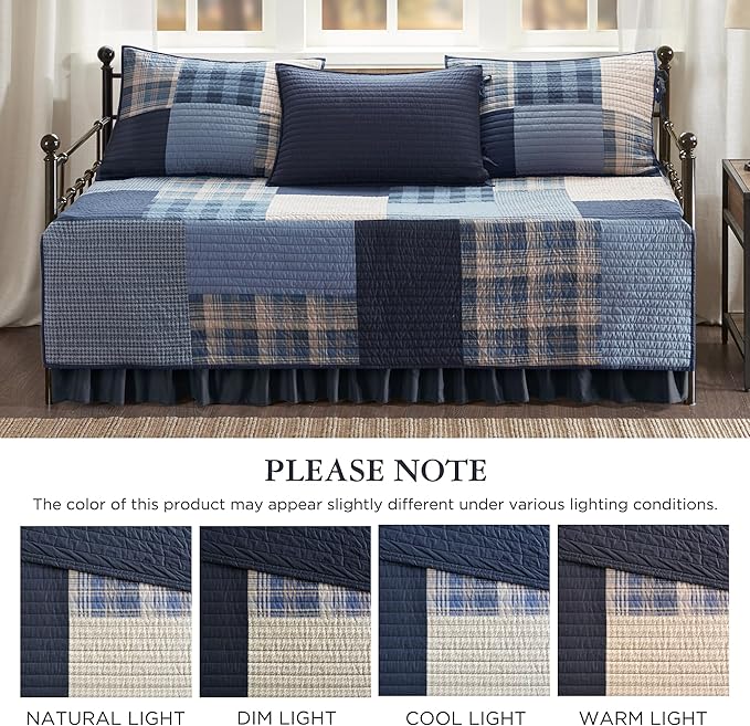 Woolrich Quilt Set Patchwork Channel Quilting, Cottage Coverlet for Twin Size Bed All Seasons, Lightweight Prewashed Cotton Coverlet Bedspread, Shams, Winter Hills, Oversized Daybed Blue 5 Piece