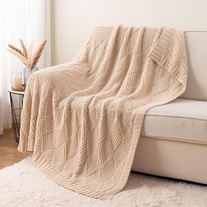 Battilo Beige Diamond Knit Throw Blanket for Couch and Bed, Soft Textured Chenille Blanket, Cozy Lightweight Decorative Blanket for Sofa, 50"x60"