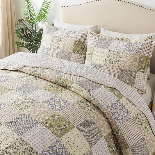HoneiLife Queen Quilt Bedding Sets - Rustic Quilts 3-Piece 90x96, Microfiber Reversible Bedspreads Patchwork Coverlet Floral Bedding Set All Season Use