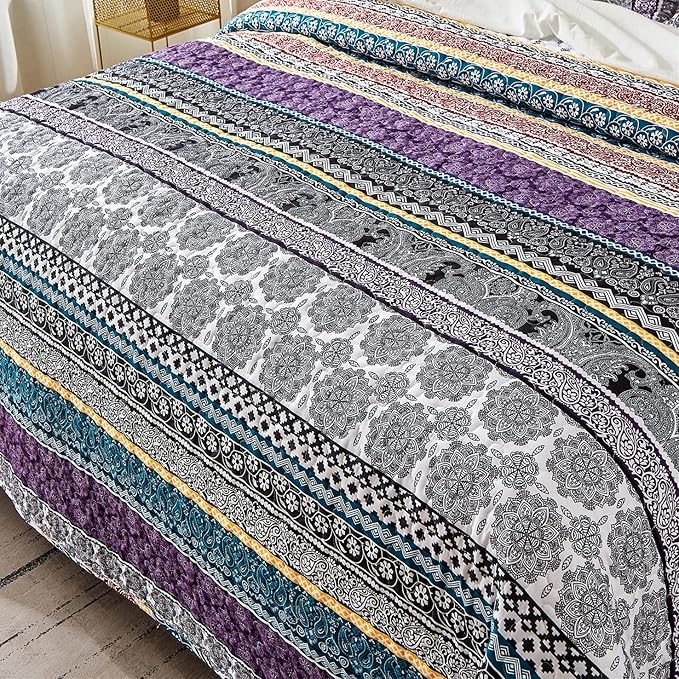 WONGS BEDDING Boho Quilt Set Queen Size, Purple Bohemian 3 Pieces Quilt Sets, Lightweight Bedspread Coverlet Bedding Set for All Season (96"x90")