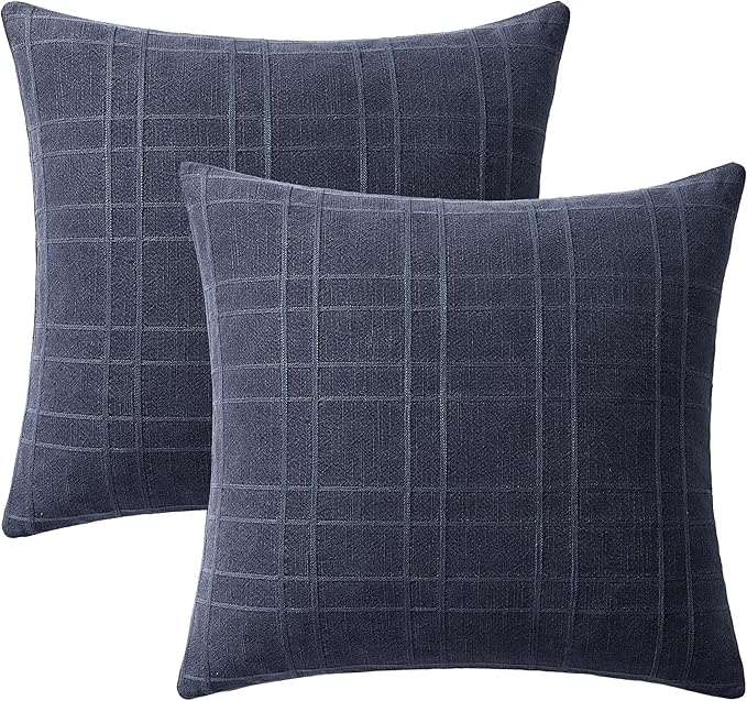 MIULEE Decorative Linen Check Throw Pillow Covers Neutral Farmhouse Vintage Pillow Covers 20x20 Set of 2 Boho Modern Home Decor for Sofa Couch Bedroom Cushion Navy Blue