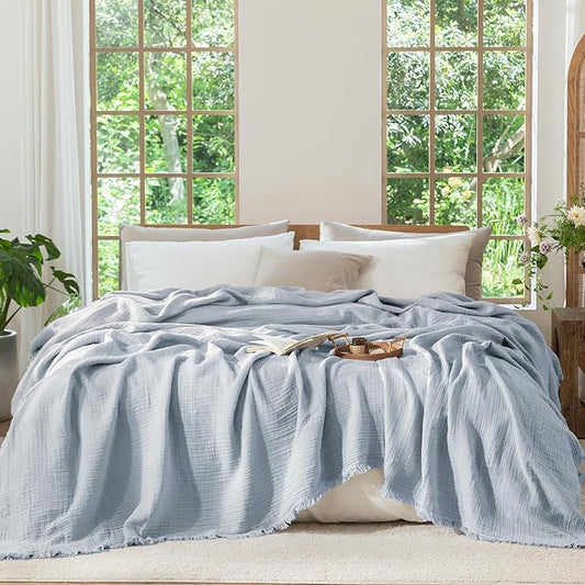 MooMee Muslin Blanket - 100% Cotton 4-Layer Gauze Throw Blanket with Tassels Ultra-Soft Breathable Lightweight Cooling for Bed Couch (Dusty Blue,Oversize Queen 98" x 98")