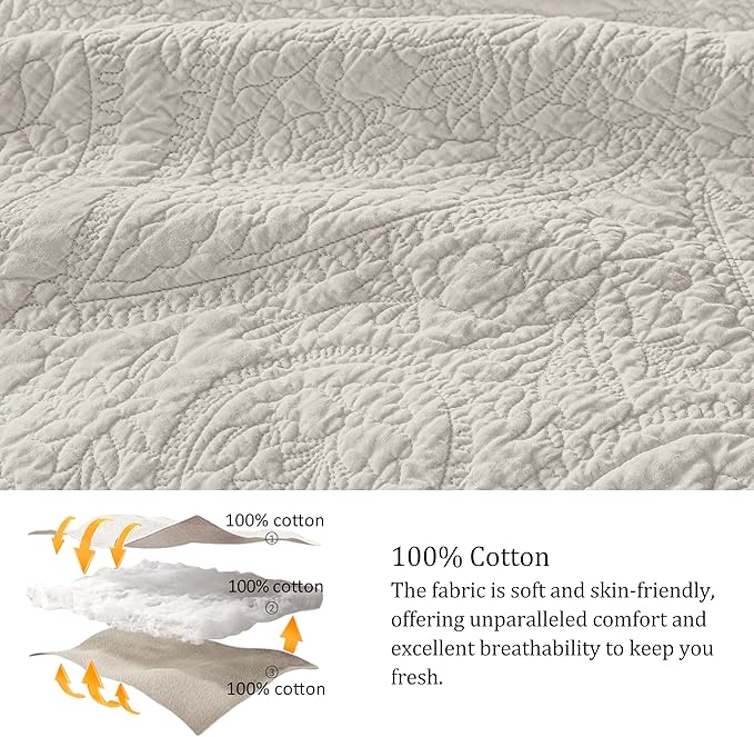 palassio Beige Paisley 100% Cotton Quilt Twin Size Bedding Sets with 1 Pillow Sham, Boho Floral Lightweight Farmhouse Country Vintage Soft Bedspread Shabby Chic Coverlet for All Season, 2 Pieces