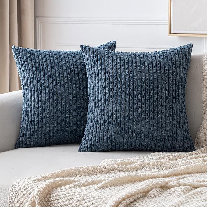 MIULEE Pack of 2 Decorative Throw Pillow Covers 24x24 Inch Soft Boho Striped Textured Corduroy Pillow Covers Modern Farmhouse Home Decor for Couch Bed Sofa Living Room Blue