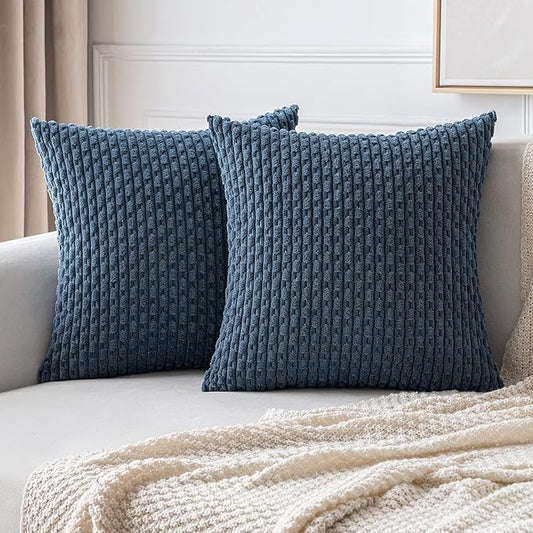 MIULEE Pack of 2 Decorative Throw Pillow Covers 24x24 Inch Soft Boho Striped Textured Corduroy Pillow Covers Modern Farmhouse Home Decor for Couch Bed Sofa Living Room Blue