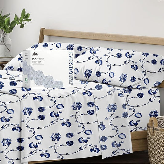 Mayfair Linen 100% Organic Cotton Printed Sheets California King Size - 4 PC Organic Cotton Cal King Percale Weave Sheet Set, Soft, Cooling & Crisp, 16" Deep Pocket Hotel Bedding Set - Floral Blue