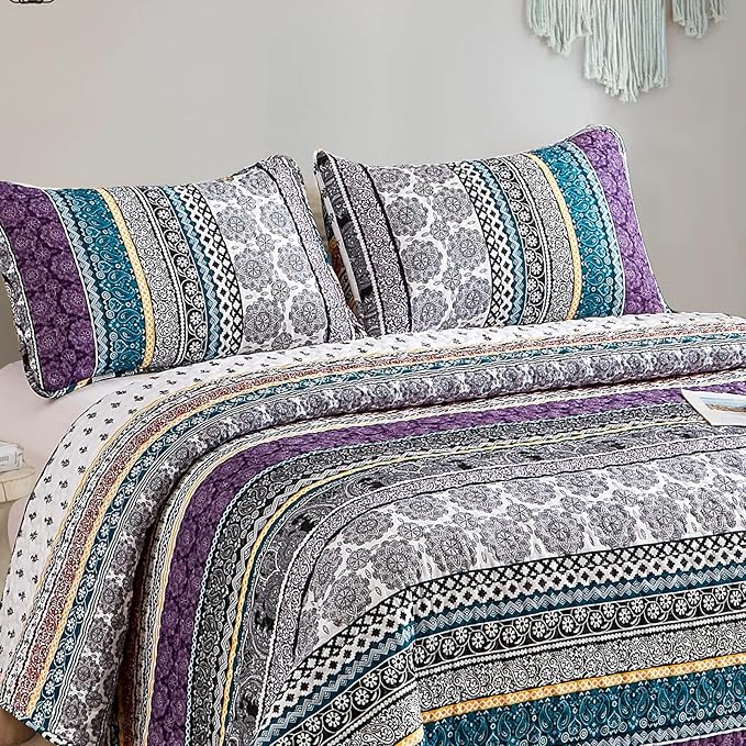 WONGS BEDDING Boho Quilt Set Queen Size, Purple Bohemian 3 Pieces Quilt Sets, Lightweight Bedspread Coverlet Bedding Set for All Season (96"x90")
