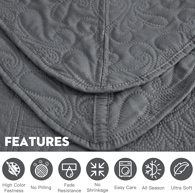 Oversized King Bedspread, Ultrasonic Lightweight Bedding Cover, Paisley Pattern, Reversible, 5 Piece, 100% Microfiber, Dark Grey