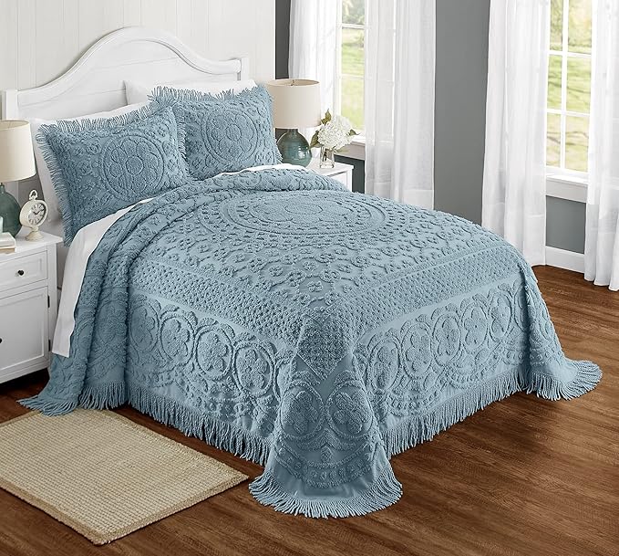 Montgomery Ward Emily Floral Chenille Bedspread, Soft Cotton Comforter, King Size Quilt in Blue - Luxury Hotel Bedding, King Bedspread (Blue, King)