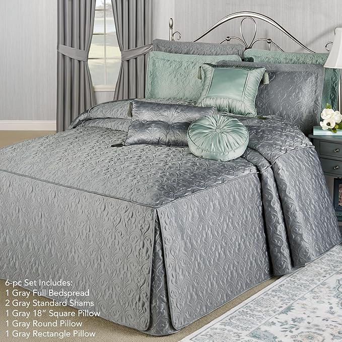 Cambridge Classic Luxury Bedding | Neutral Warm Gray Solid Color Polyester Satin | Elaborate Damask Quilting | 6 Pc Bed Set Includes Oversized Full Bedspread, 2 Standard Shams, & 3 Decorative Pillows