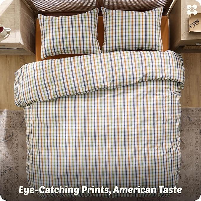 Bedsure 100% Cotton Reversible Plaid Duvet Cover Queen Size - Classic Warm Gingham Pattern Comforter Cover with Zipper Closure & 2 Pillow Shams, Comforter Sold Separately (Warm Plaid 90"x90")