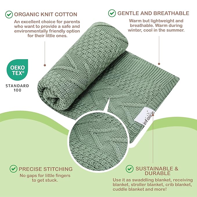 Organic Cotton Knit Baby Blanket 31.5 X 43.3 Inches Soft Knitted and Breathable Baby Blanket for Boys and Girls Perfect Swaddle Baby Blankets for Boys & Girls, Infants Toddlers All Seasons