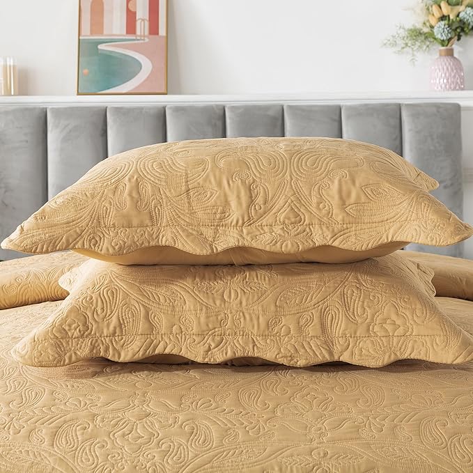 HoneiLife Embroidered Quilt King Size - 3 Piece Microfiber Quilt Sets Lightweight Bedspreads Reversible Coverlets Retro Bed Cover Paisley Pattern Bedding Set All Season Quilts-Yellow