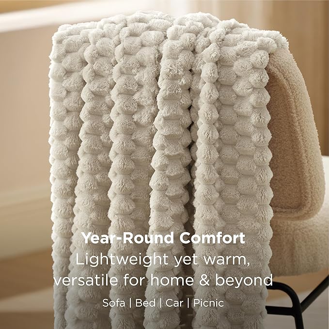 Bedsure Beige Throw Blanket for Couch - 350GSM Fluffy Plush Bubble Blanket for Bed Home Room Decor, GentleSoft Cute Fleece Soft Cozy Gifts for Women Girls, 50x60 Inches