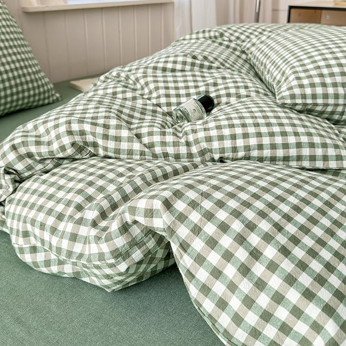 LifeTB Green Gingham Duvet Cover King Boho Green Grid Plaid Duvet Cover 100% Washed Cotton Checkered Comforter Cover with 2 Pillowcases Farmhouse Plaid Comforter Cover Gingham Bedding Set