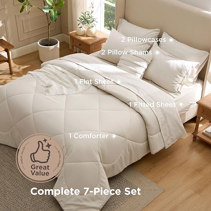 Bedsure 7 Pieces Queen Comforter Set Premium Series, Hotel Luxury Soft Bed in a Bag, Goose Down Alternative, Safe for Sensitive Skin Bedding Comforter All Season Medium Warmth, Beige Wavy Quilted