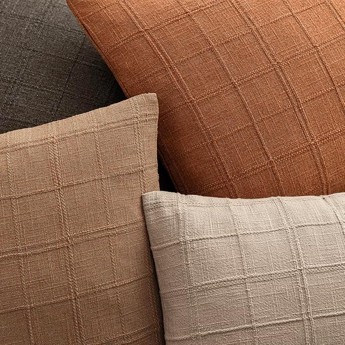 Foindtower Set of 2 Decorative Linen Check Throw Pillow Covers Neutral Farmhouse Vintage Cushion Covers Modern Boho Home Decor for Sofa Chair Couch Bedroom Living Room,22×22 Inch,Orange