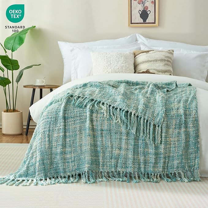 Multi-Color Turquoise Cable Knitted Throw Blanket for Couch,50"X60" Boho Style Textured Blankets for Home Decor,Super Soft Warm Cozy Chunky Knit Blanket with Decorative Tassels for Bed