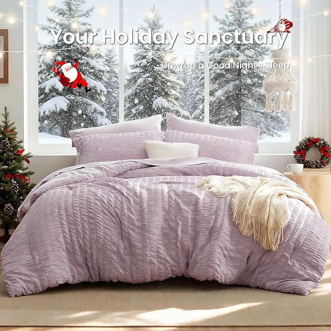 Love's cabin Seersucker Lavender Twin XL Comforter Set, 5-Piece All Season Lightweight Bed in a Bag Bedding Set with Comforter, Flat Sheet, Fitted Sheet, Pillowcase and Sham | Soft, Breathable, Lightweight