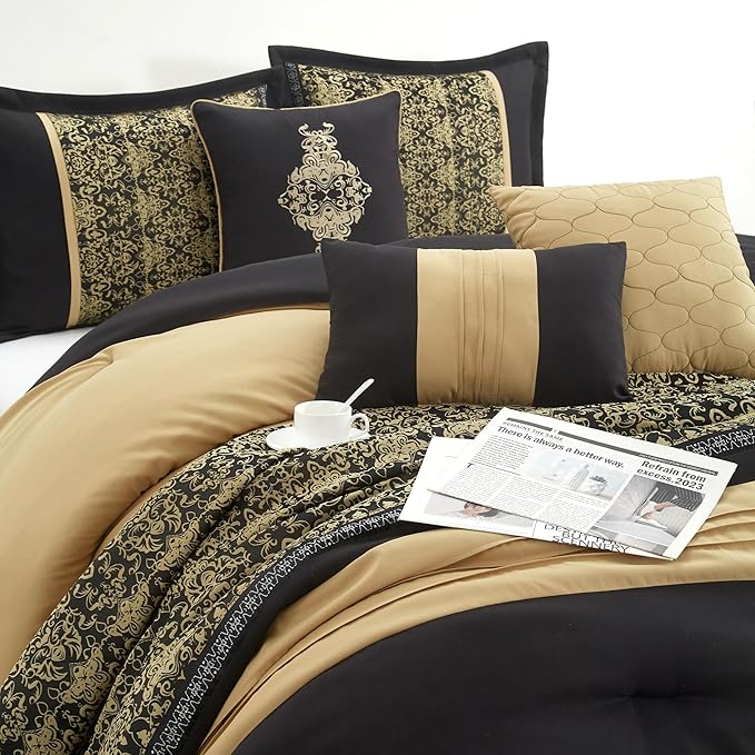 Grand Avenue Black Gold Comforter Set King Size, 7 Piece, Damask Jacquard Home Decor, Matcking Bed Skirt, Pillows & Shams, All Season Bedding Set
