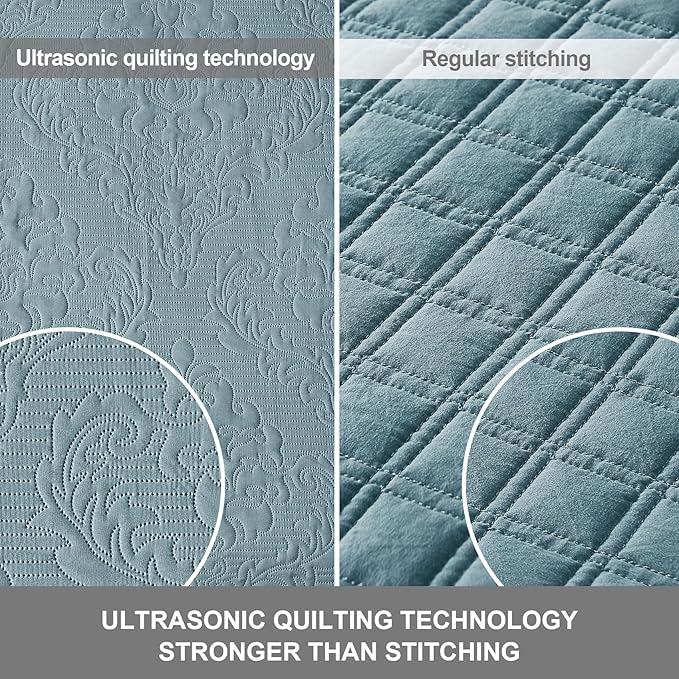 Hansleep Blue Quilt Twin Size - Damask Ultrasonic All Season Bedspread Twin, Soft Lightweight Coverlet Bedding Set, 2 Pieces (1 Quilt, 1 Pillow Sham)