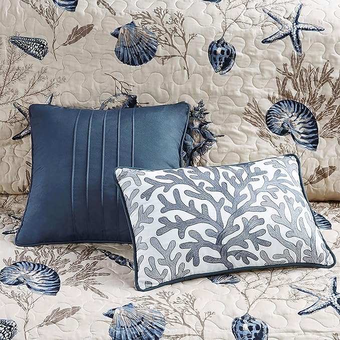 Madison Park Quilt Set Cottage Coastal Design, Starfish Print - All Season, Coverlet Bedspread Lightweight Bedding Layer, Shams, Toss Pillows, Twin/Twin XL(68"x90"), Bayside Blue/Ivory 5 Piece
