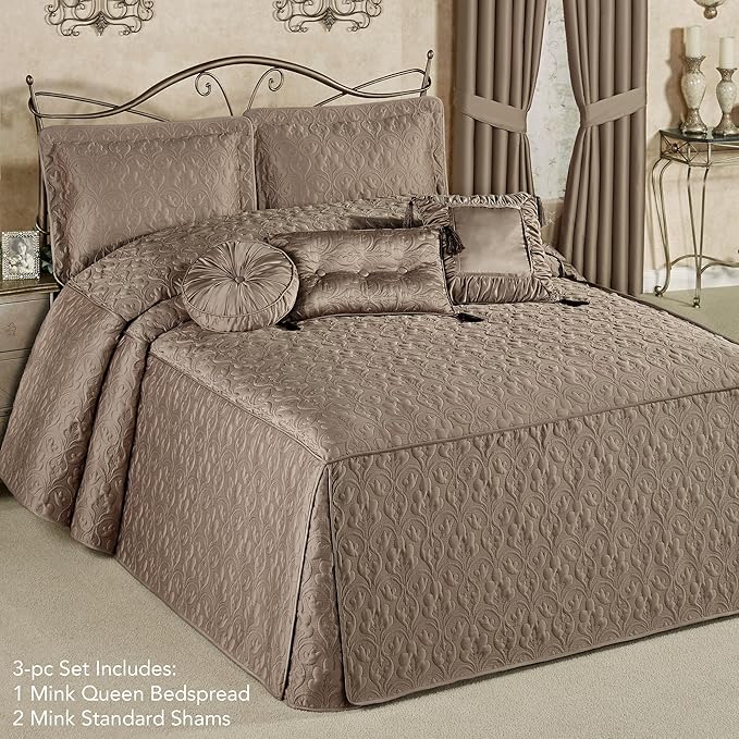 Cambridge Classic Luxury Bedding | Neutral Mink-Hued Solid Color Polyester Satin | Elaborate Damask Quilting | Fitted, Oversized 24 Inch Drop | 3 Pc Bed Set Includes Queen Bedspread & 2 Standard Shams