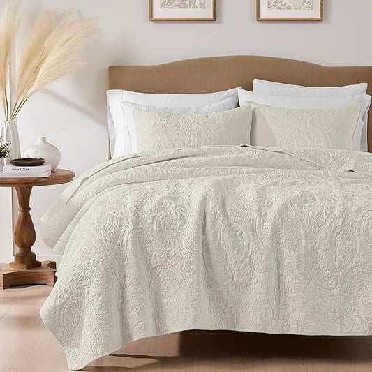 palassio Beige Paisley 100% Cotton Quilt Twin Size Bedding Sets with 1 Pillow Sham, Boho Floral Lightweight Farmhouse Country Vintage Soft Bedspread Shabby Chic Coverlet for All Season, 2 Pieces